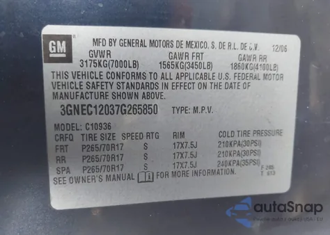 2007 Chevrolet Avalanche 1500 Lt from USA, damaged, VIN 3GNEC12037G265850